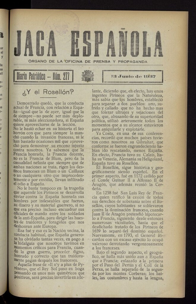 Miniatura de Jaca española : noticiero oficial del 13 de junio de 1937, nº 277