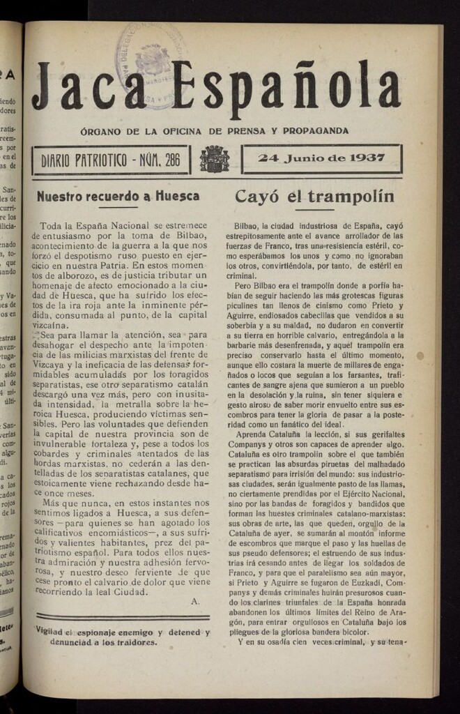 Miniatura de Jaca española : noticiero oficial del 24 de junio de 1937, nº 286