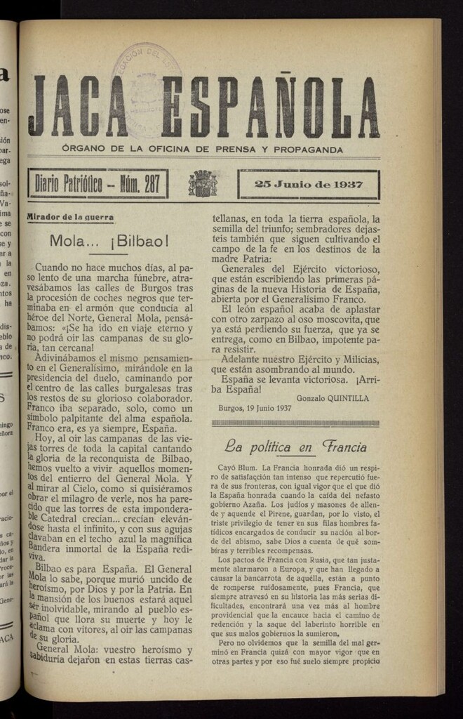 Miniatura de Jaca española : noticiero oficial del 25 de junio de 1937, nº 287