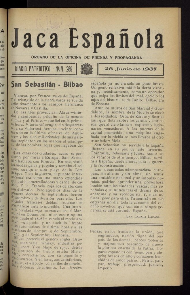Miniatura de Jaca española : noticiero oficial del 26 de junio de 1937, nº 288