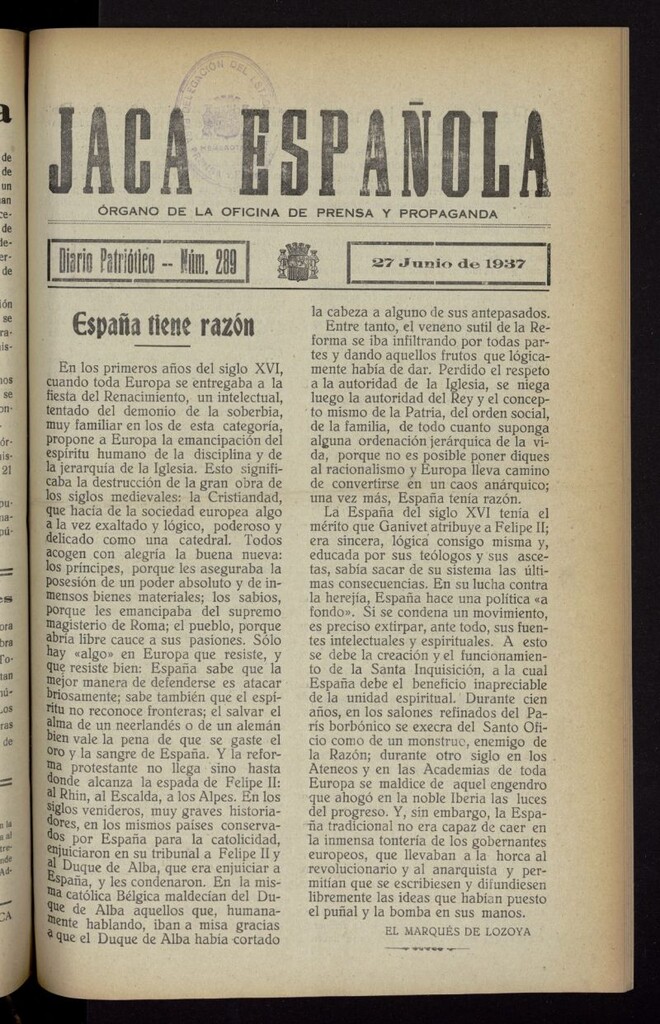 Miniatura de Jaca española : noticiero oficial del 27 de junio de 1937, nº 289