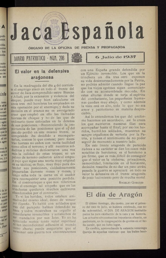 Miniatura de Jaca española : noticiero oficial del 6 de julio de 1937, nº 296