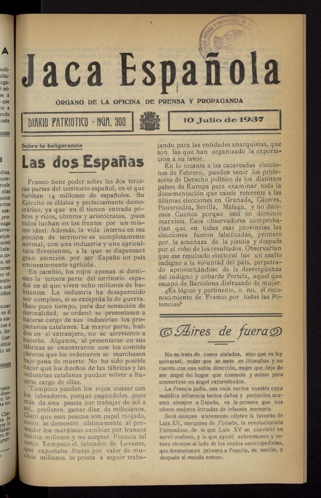 Miniatura de Jaca española : noticiero oficial del 10 de julio de 1937, nº 300