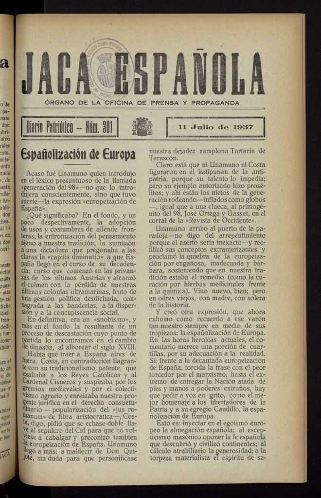 Miniatura de Jaca española : noticiero oficial del 11 de julio de 1937, nº 301