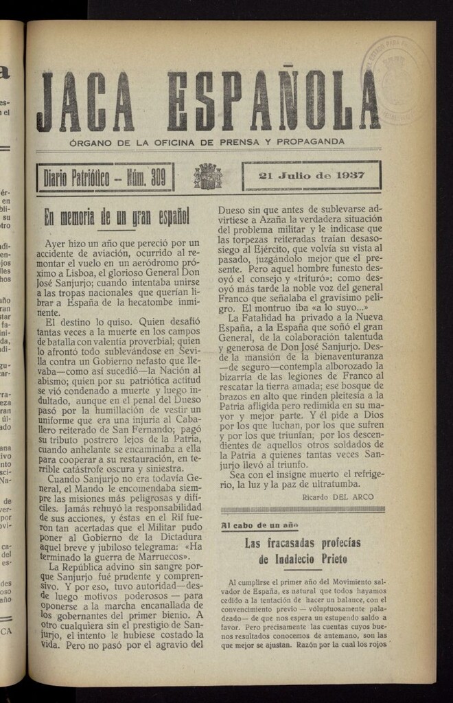 Miniatura de Jaca española : noticiero oficial del 21 de julio de 1937, nº 309