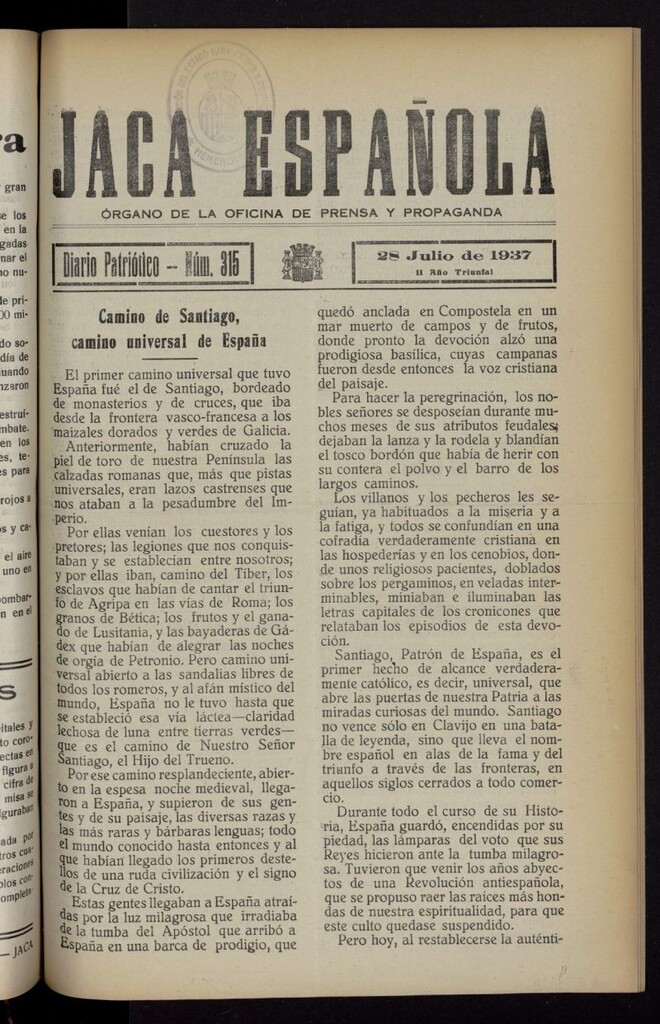 Miniatura de Jaca española : noticiero oficial del 28 de julio de 1937, nº 315