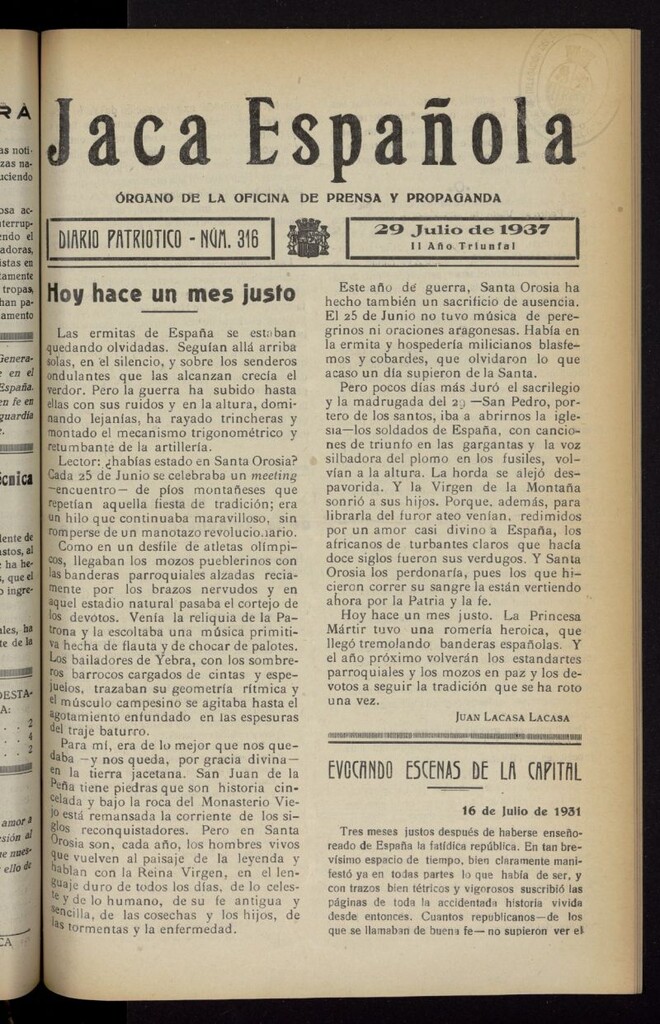 Miniatura de Jaca española : noticiero oficial del 29 de julio de 1937, nº 316