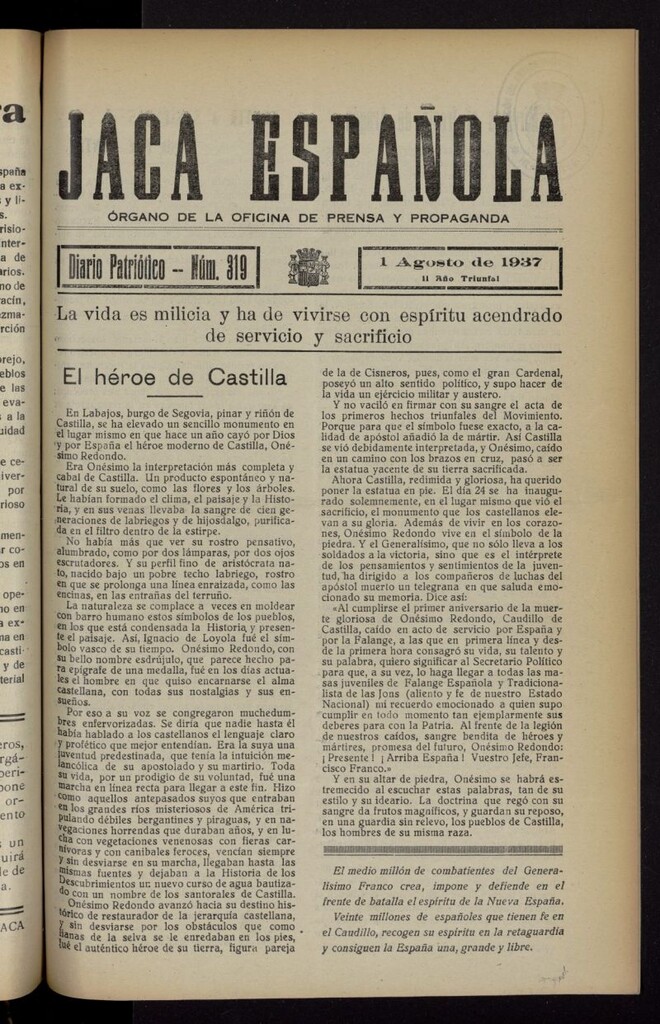 Miniatura de Jaca española : noticiero oficial del 1 de agosto de 1937, nº 319
