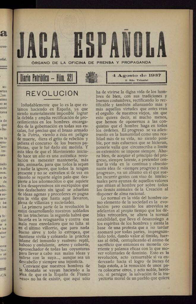 Miniatura de Jaca española : noticiero oficial del 4 de agosto de 1937, nº 321