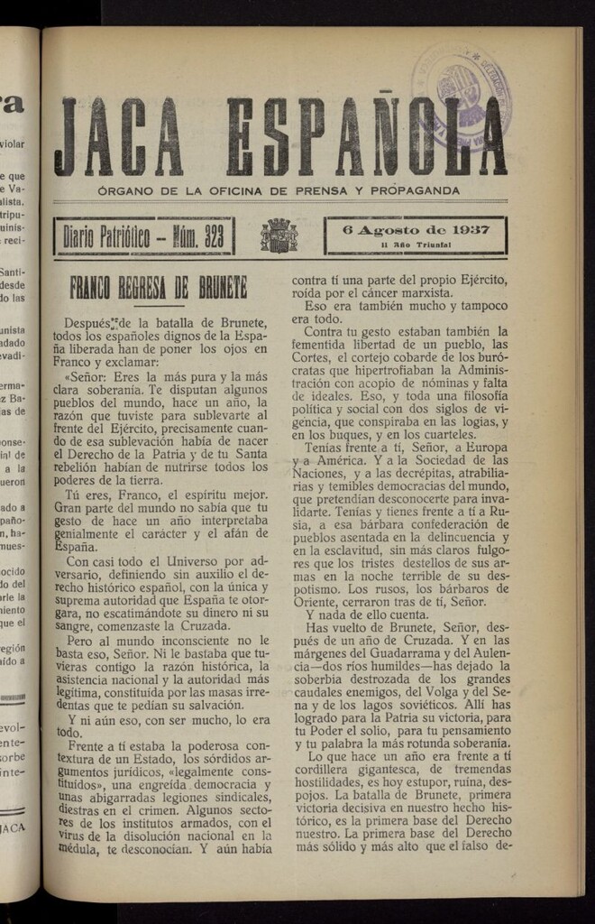 Miniatura de Jaca española : noticiero oficial del 6 de agosto de 1937, nº 323