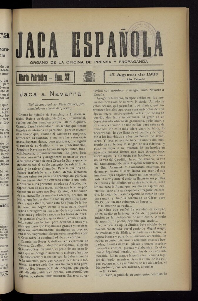 Miniatura de Jaca española : noticiero oficial del 15 de agosto de 1937, nº 331