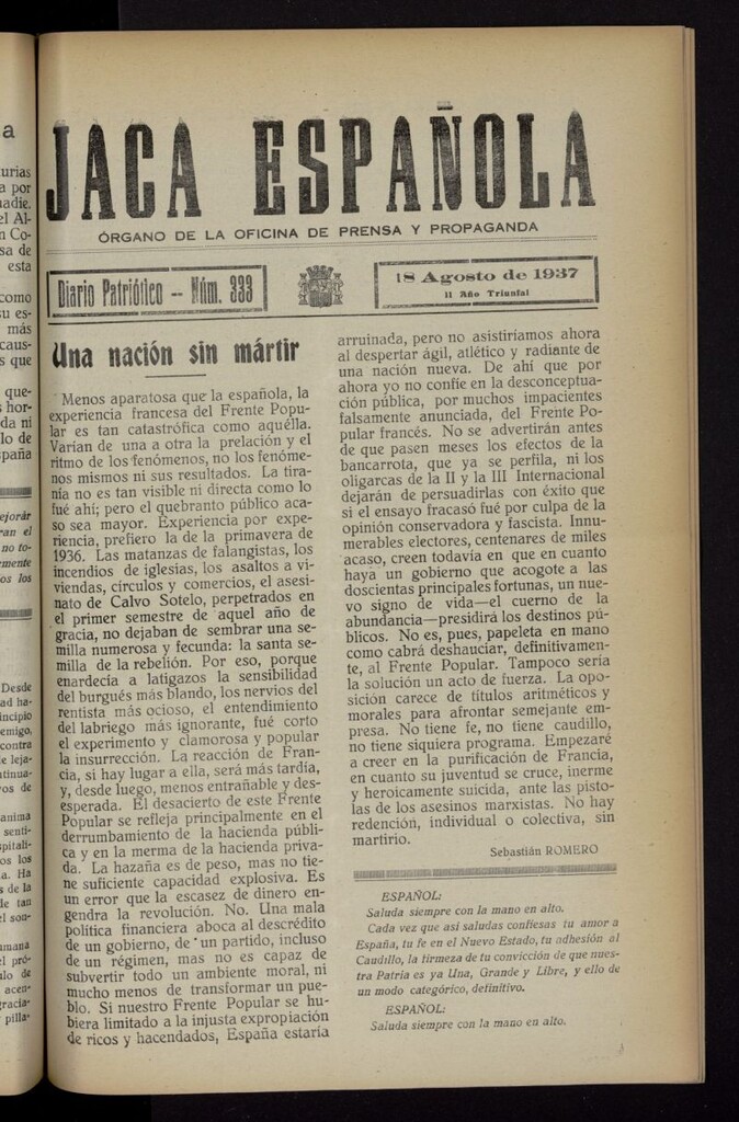 Miniatura de Jaca española : noticiero oficial del 18 de agosto de 1937, nº 333