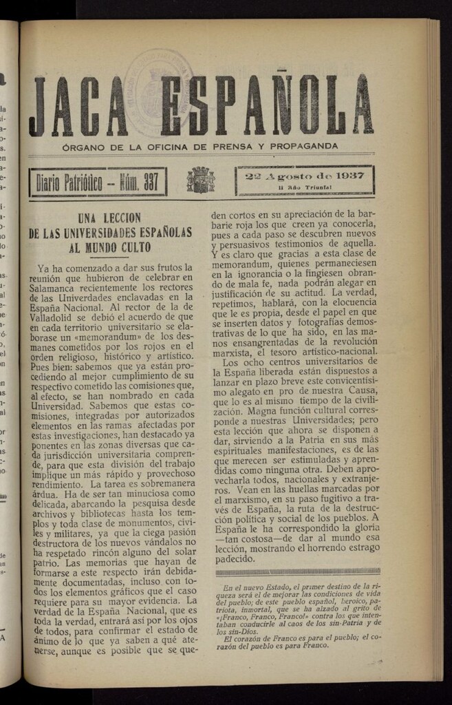 Miniatura de Jaca española : noticiero oficial del 22 de agosto de 1937, nº 337