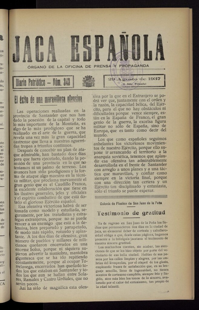 Miniatura de Jaca española : noticiero oficial del 29 de agosto de 1937, nº 343