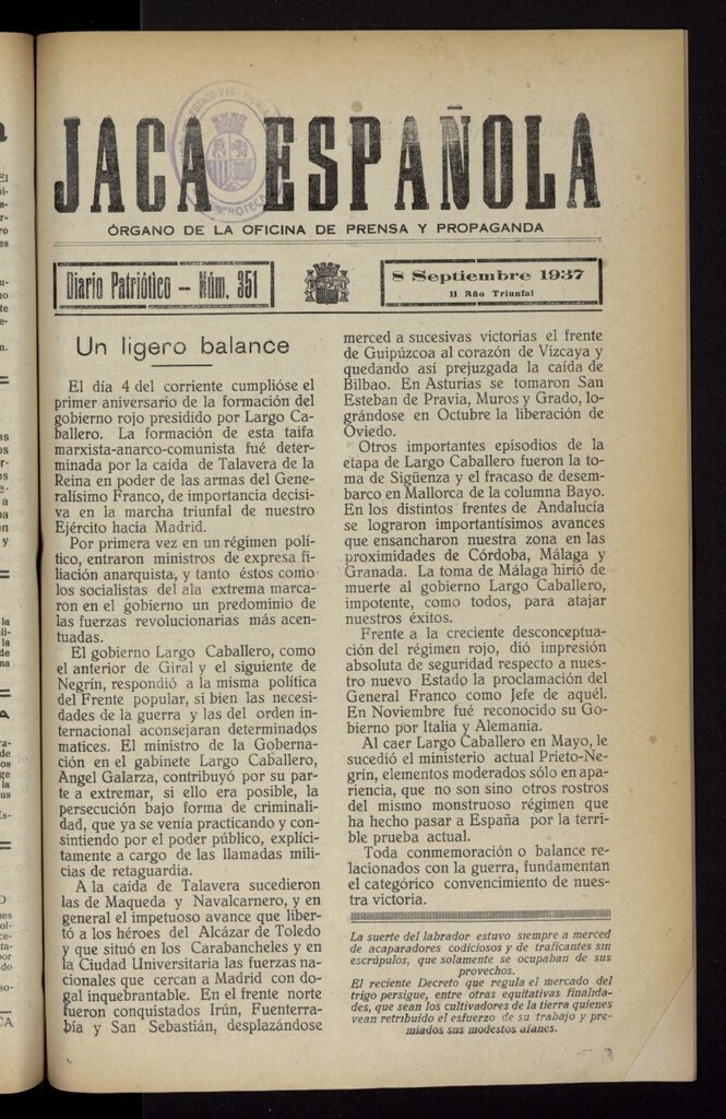 Miniatura de Jaca española : noticiero oficial del 8 de septiembre de 1937, nº 351