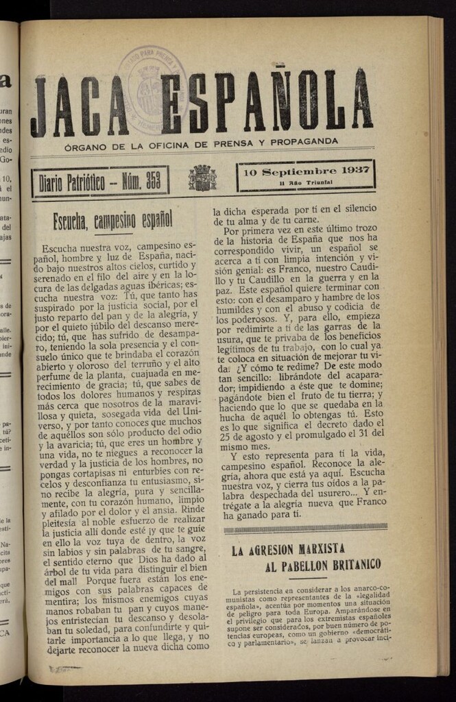 Miniatura de Jaca española : noticiero oficial del 10 de septiembre de 1937, nº 353