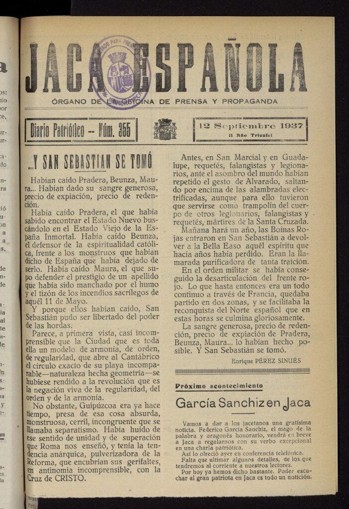 Miniatura de Jaca española : noticiero oficial del 12 de septiembre de 1937, nº 355