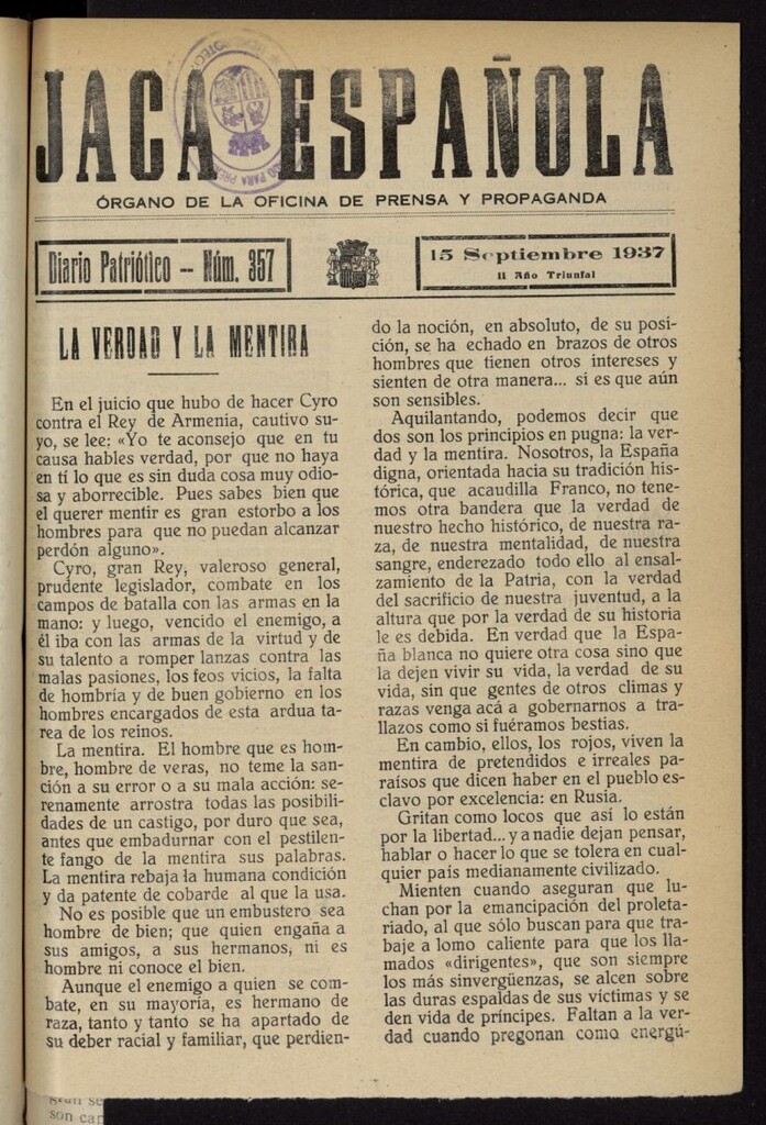 Miniatura de Jaca española : noticiero oficial del 15 de septiembre de 1937, nº 357