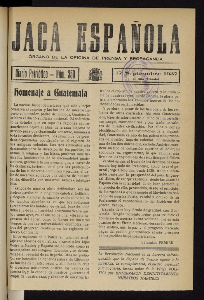 Miniatura de Jaca española : noticiero oficial del 17 de septiembre de 1937, nº 359