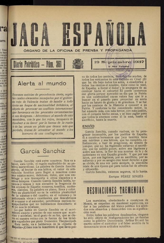 Miniatura de Jaca española : noticiero oficial del 19 de septiembre de 1937, nº 361