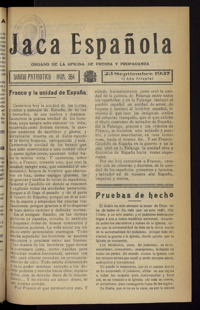 Miniatura de Jaca española : noticiero oficial del 23 de septiembre de 1937, nº 364