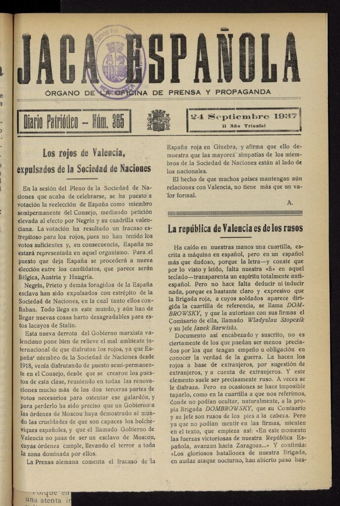 Miniatura de Jaca española : noticiero oficial del 24 de septiembre de 1937, nº 365