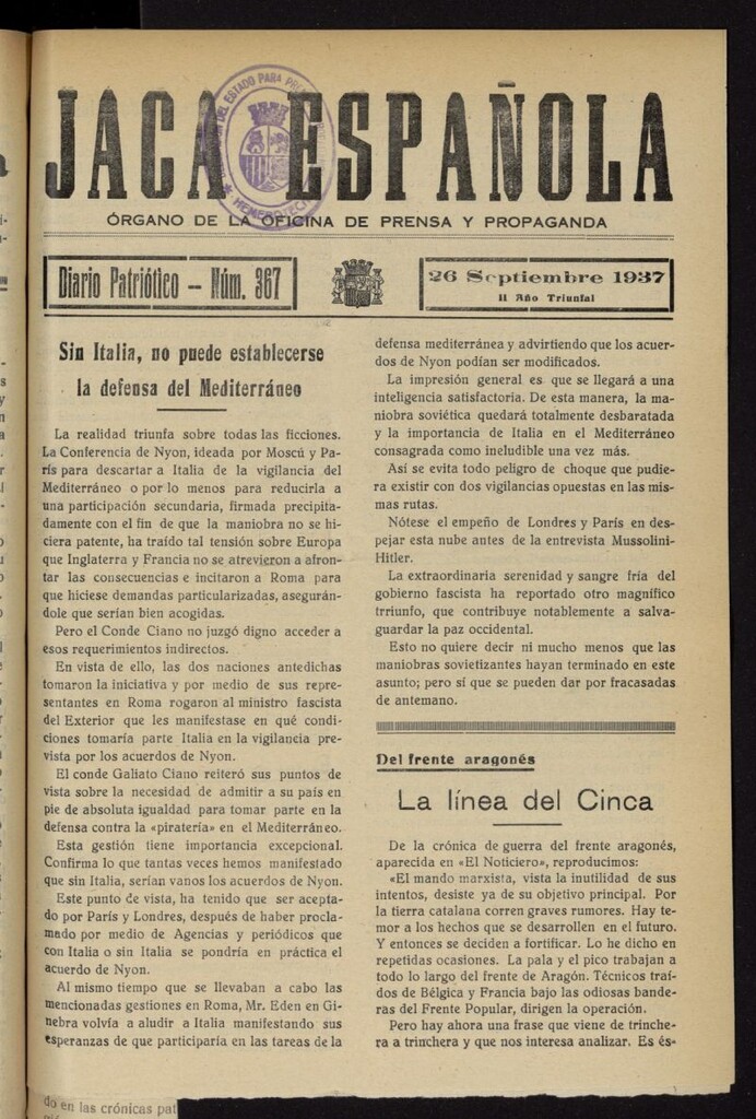 Miniatura de Jaca española : noticiero oficial del 26 de septiembre de 1937, nº 367