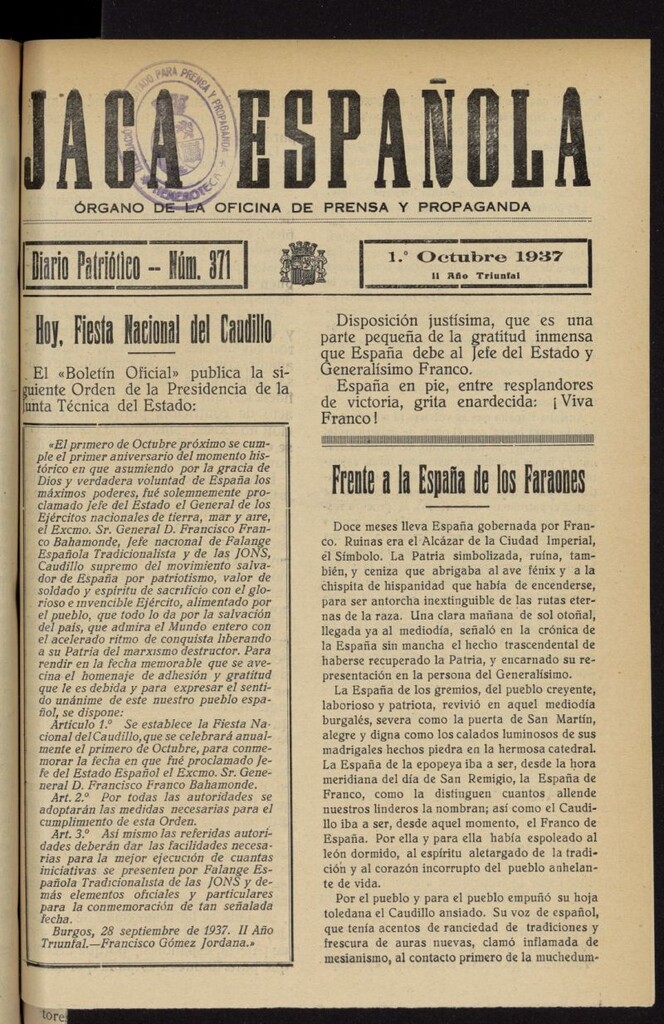 Miniatura de Jaca española : noticiero oficial del 1 de octubre de 1937, nº 371