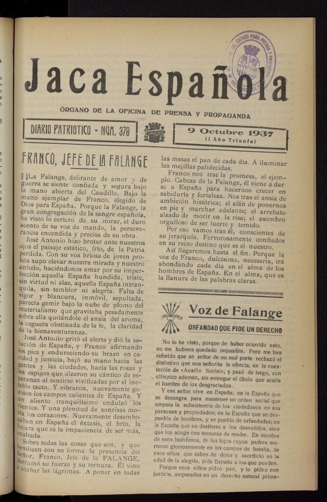 Miniatura de Jaca española : noticiero oficial del 9 de octubre de 1937, nº 378