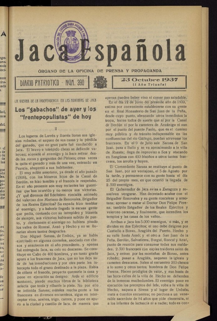 Miniatura de Jaca española : noticiero oficial del 23 de octubre de 1937, nº 390