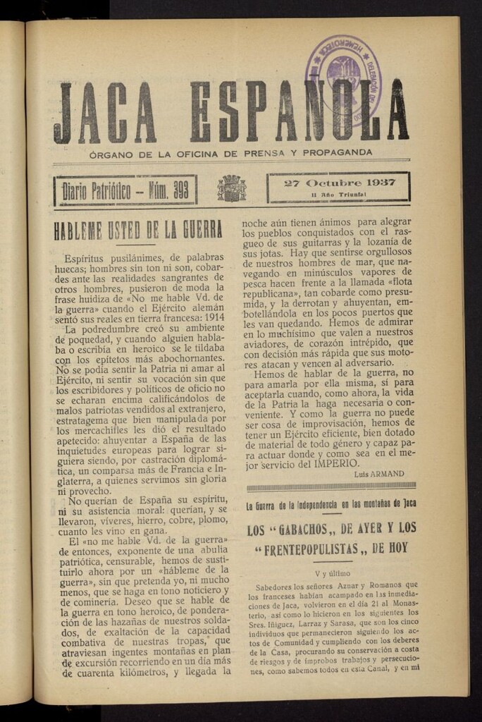 Miniatura de Jaca española : noticiero oficial del 27 de octubre de 1937, nº 393