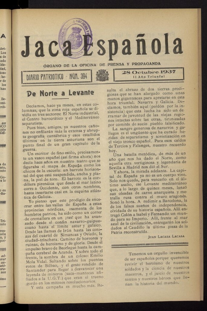 Miniatura de Jaca española : noticiero oficial del 28 de octubre de 1937, nº 394