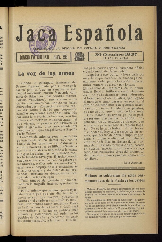 Miniatura de Jaca española : noticiero oficial del 30 de octubre de 1937, nº 396