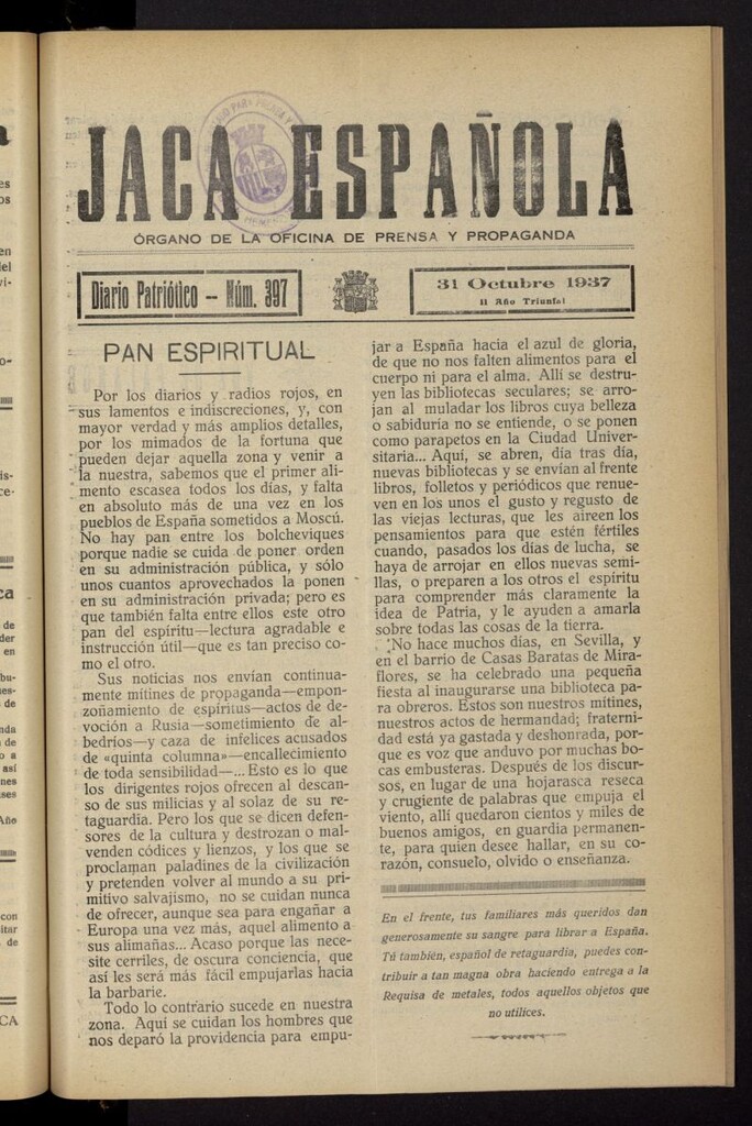 Miniatura de Jaca española : noticiero oficial del 31 de octubre de 1937, nº 397