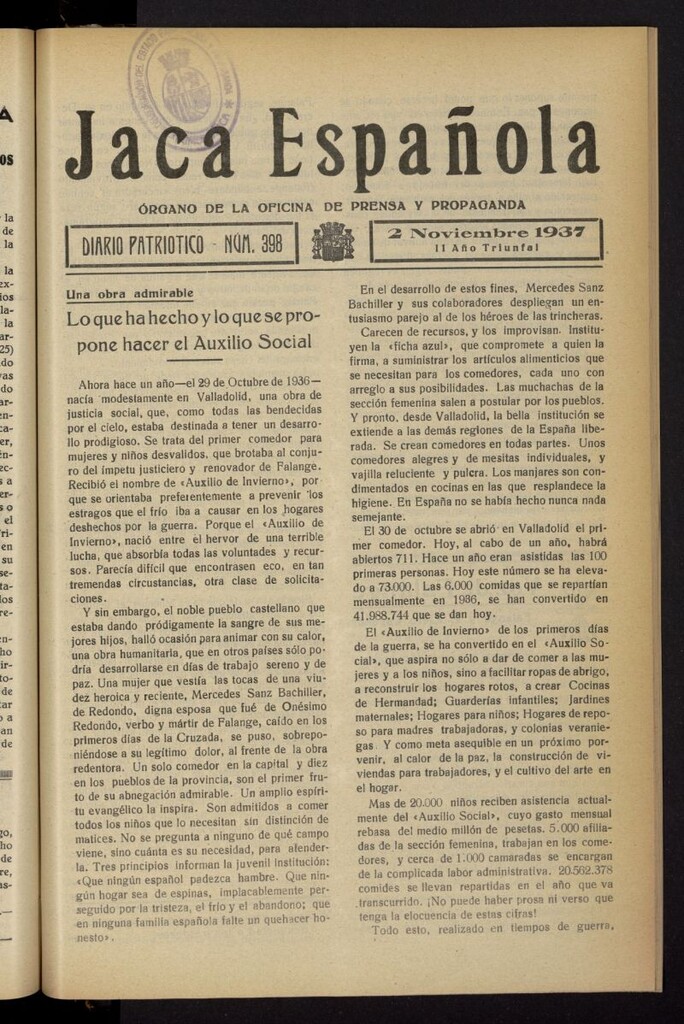 Miniatura de Jaca española : noticiero oficial del 2 de noviembre de 1937, nº 398
