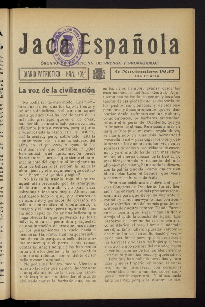 Miniatura de Jaca española : noticiero oficial del 6 de noviembre de 1937, nº 402