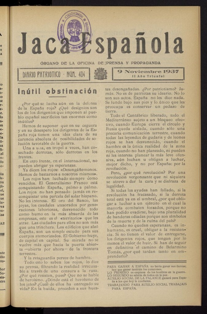 Miniatura de Jaca española : noticiero oficial del 9 de noviembre de 1937, nº 404