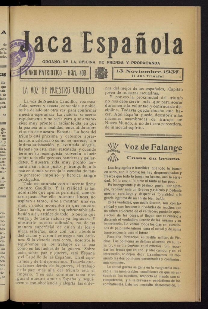 Miniatura de Jaca española : noticiero oficial del 13 de noviembre de 1937, nº 408