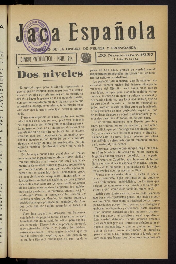 Miniatura de Jaca española : noticiero oficial del 20 de noviembre de 1937, nº 414