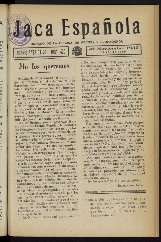 Miniatura de Jaca española : noticiero oficial del 27 de noviembre de 1937, nº 420