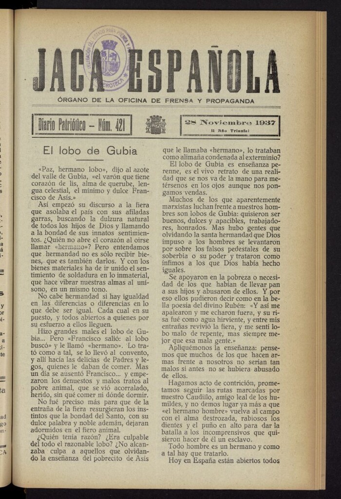 Miniatura de Jaca española : noticiero oficial del 28 de noviembre de 1937, nº 421