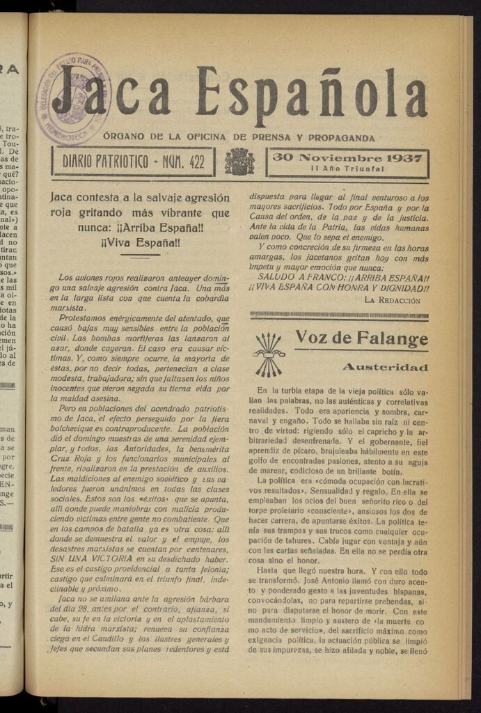 Miniatura de Jaca española : noticiero oficial del 30 de noviembre de 1937, nº 422