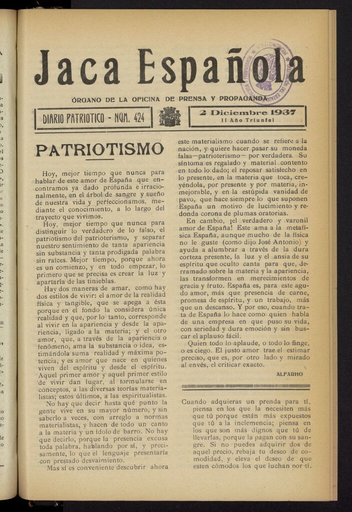 Miniatura de Jaca española : noticiero oficial del 2 de diciembre de 1937, nº 424