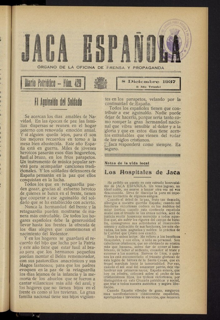 Miniatura de Jaca española : noticiero oficial del 8 de diciembre de 1937, nº 429