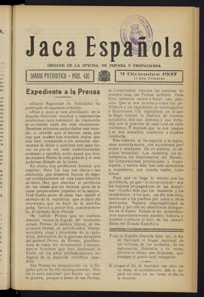 Miniatura de Jaca española : noticiero oficial del 9 de diciembre de 1937, nº 430