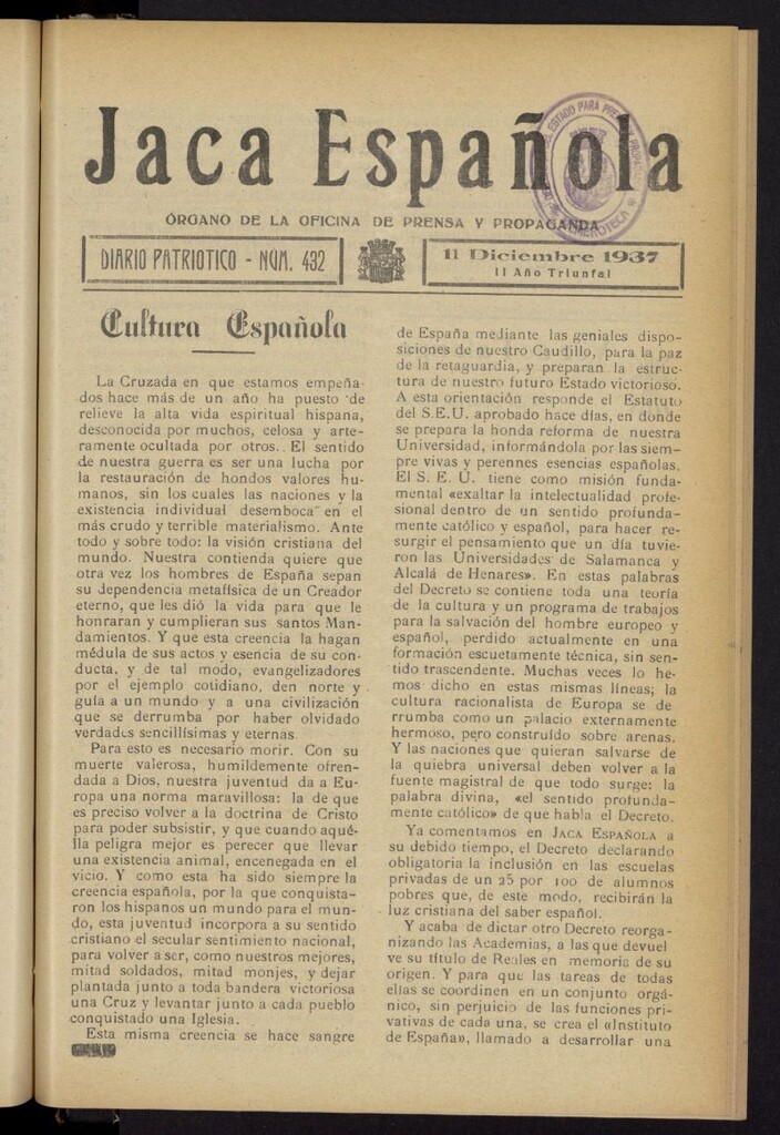 Miniatura de Jaca española : noticiero oficial del 11 de diciembre de 1937, nº 432