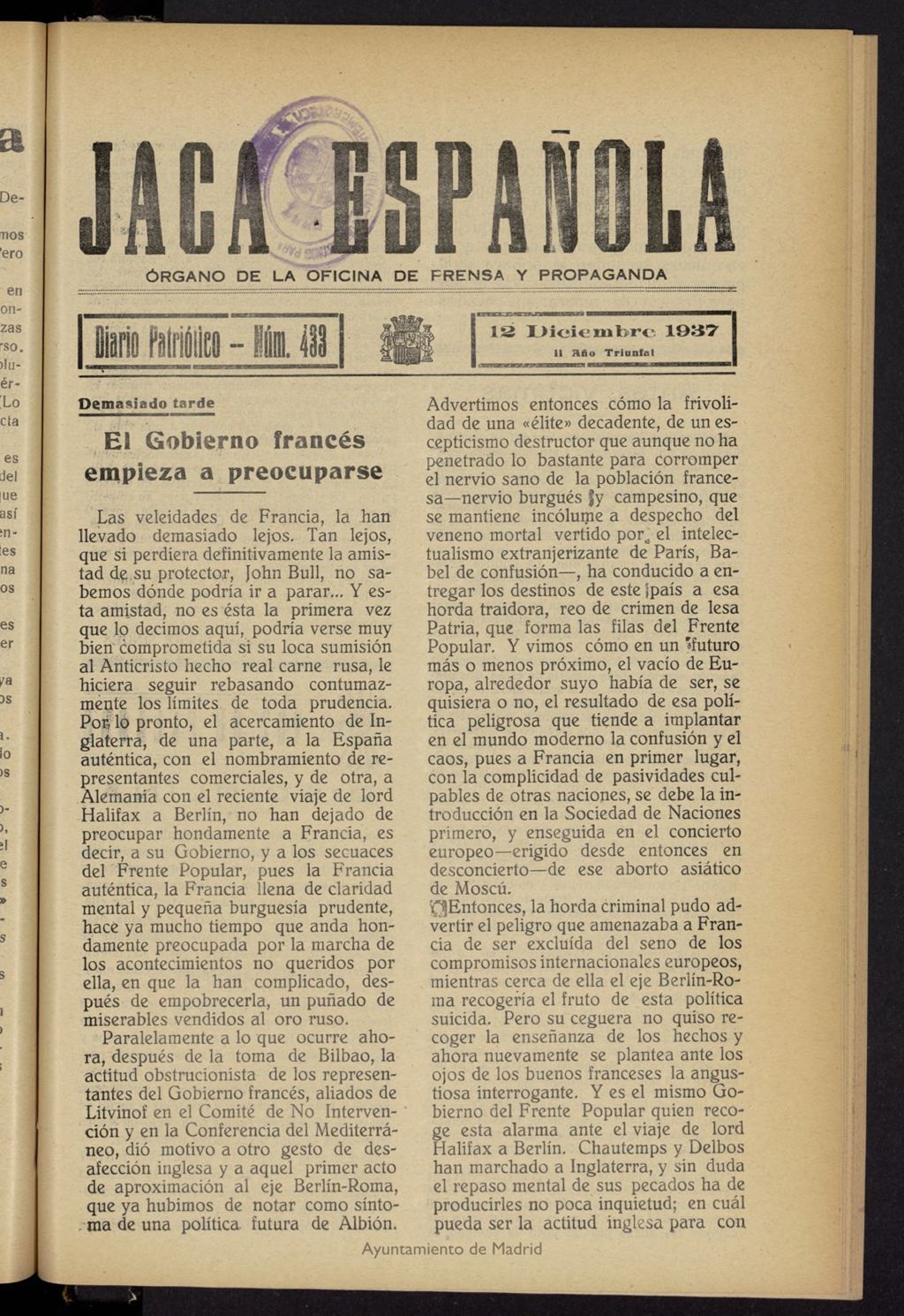 Miniatura de Jaca española : noticiero oficial del 12 de diciembre de 1937, nº 433