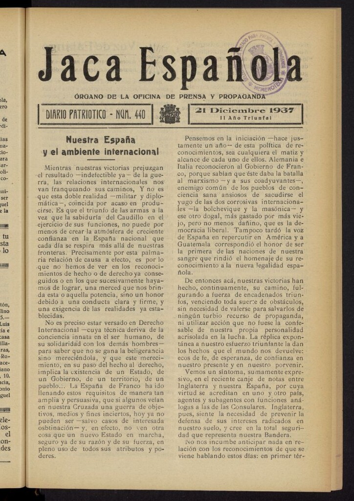 Miniatura de Jaca española : noticiero oficial del 21 de diciembre de 1937, nº 440