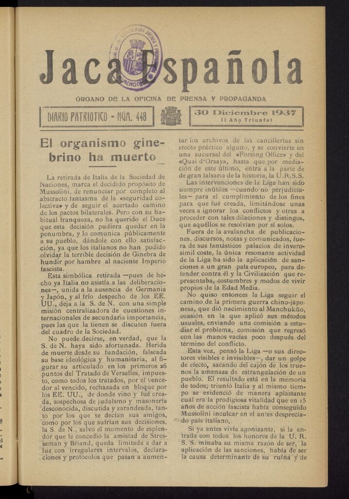 Miniatura de Jaca española : noticiero oficial del 30 de diciembre de 1937, nº 448