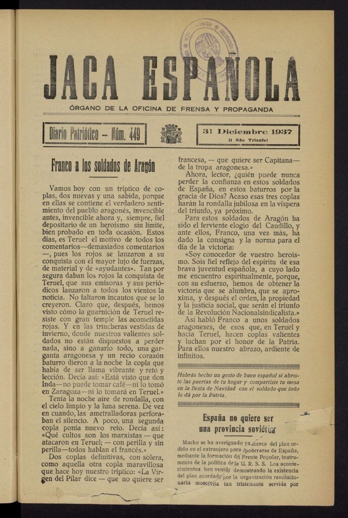 Miniatura de Jaca española : noticiero oficial del 31 de diciembre de 1937, nº 449